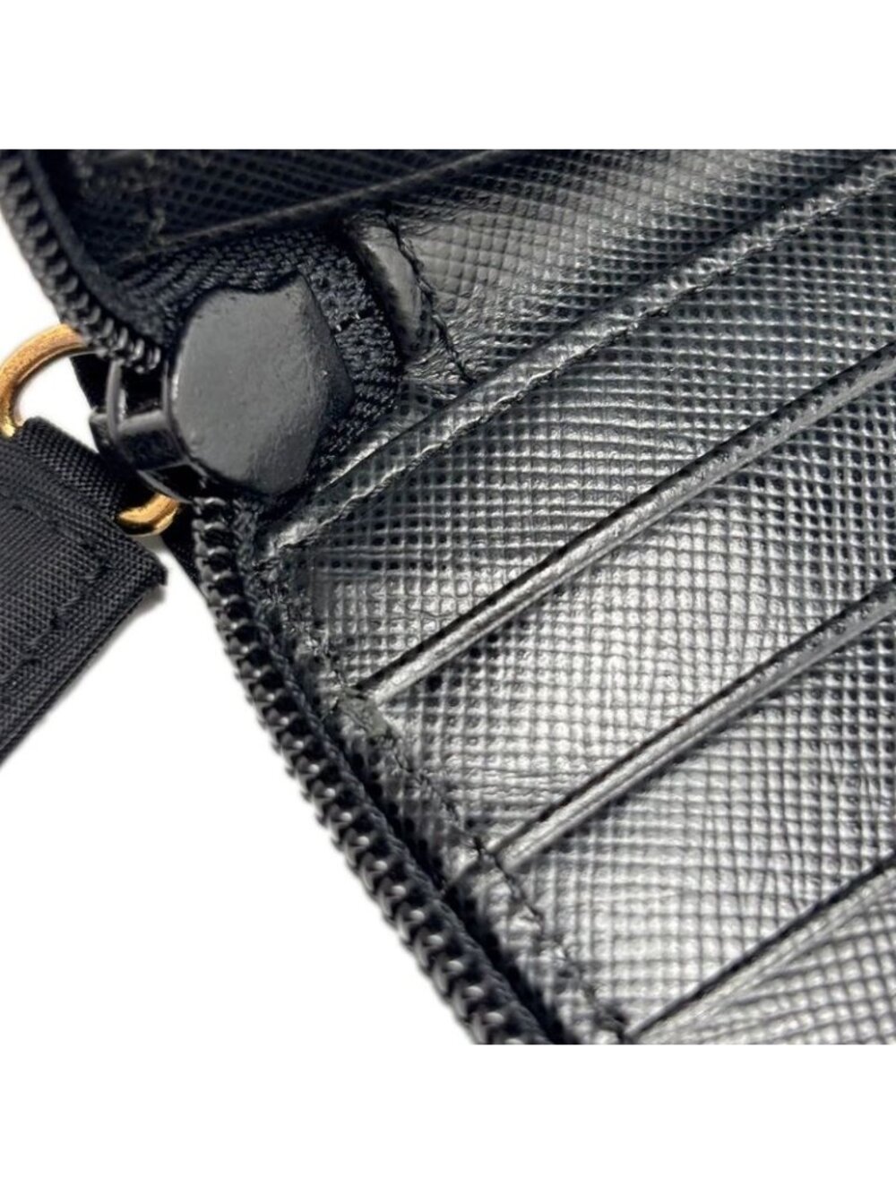 Prada Wallet Bifold Tessuto Nylon Leather Black Gold Zip Around - Picture 11 of 14